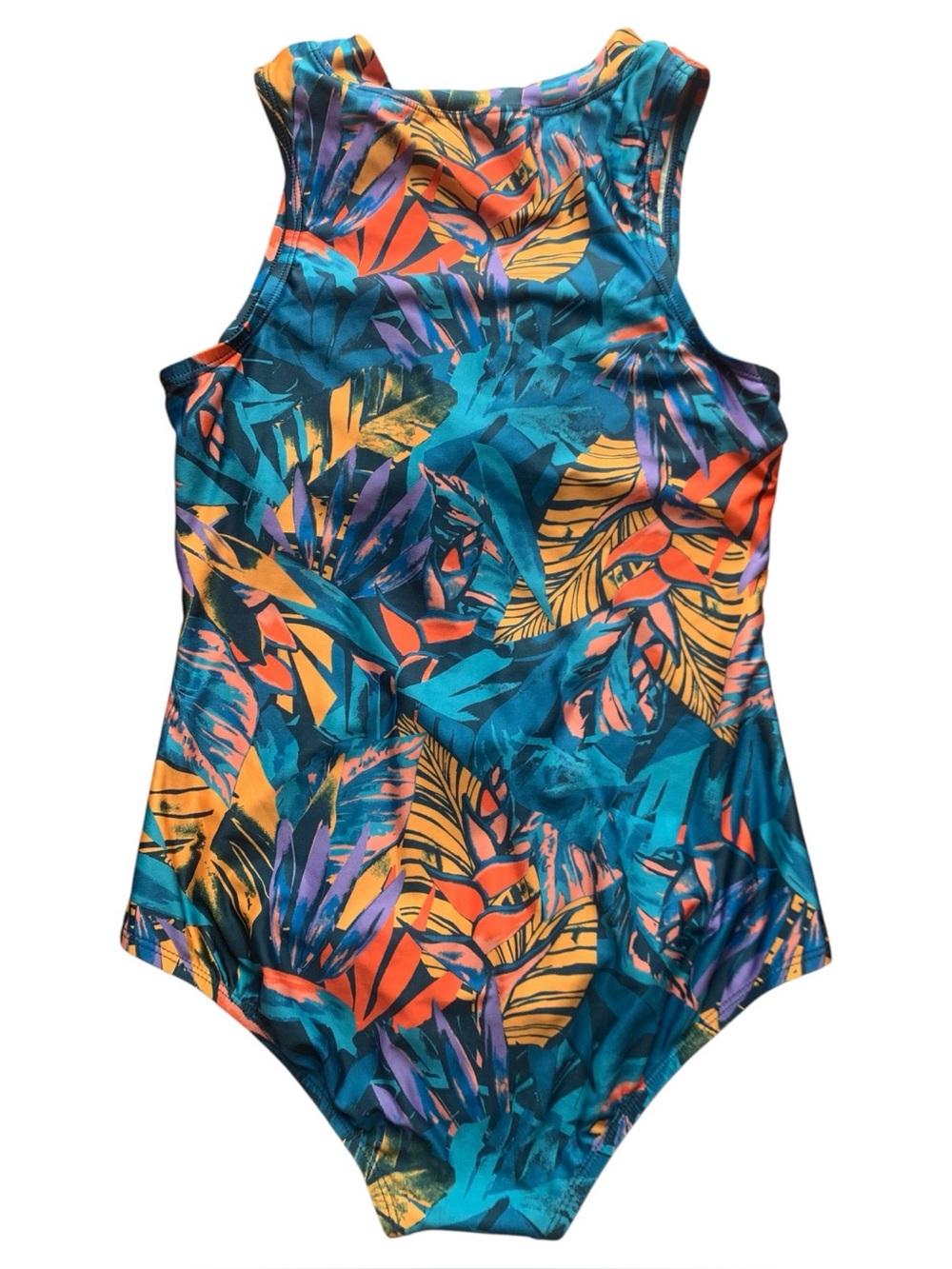 ModCloth Teal Tropical Print One-Piece Zipper Swimsuit Modest Classic Hip Small - Picture 5 of 7